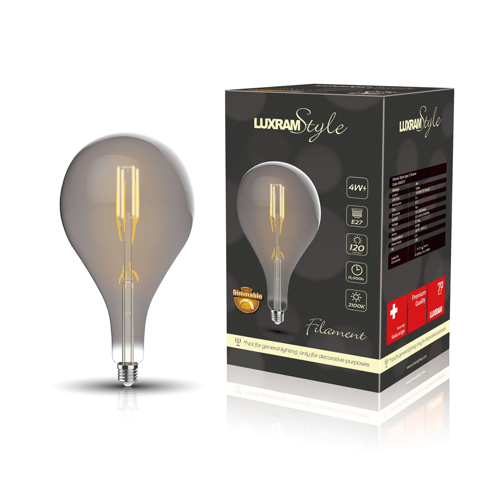 Classic Style LED Type C E27 Dimmable 4W 2100K 120lm 4300071  Luxram Classic Style